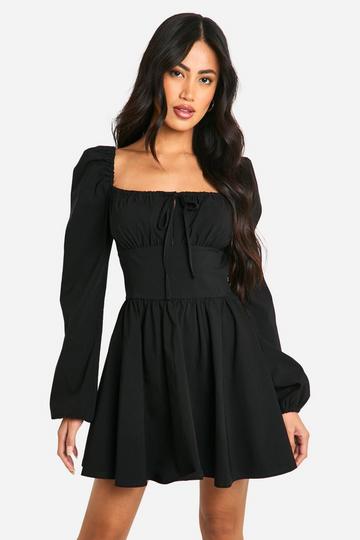 Tie Front Long Sleeve Mini Dress black