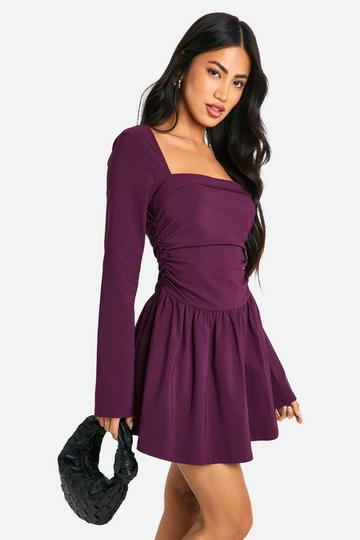 Plum Purple Square Neck Long Sleeve Skater Mini Dress