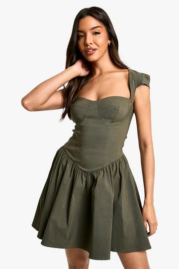 Dropped Waist Cap Sleeve Mini Dress khaki