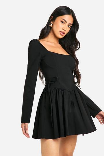 Long Sleeve Tie Waist Skater Mini Dress black