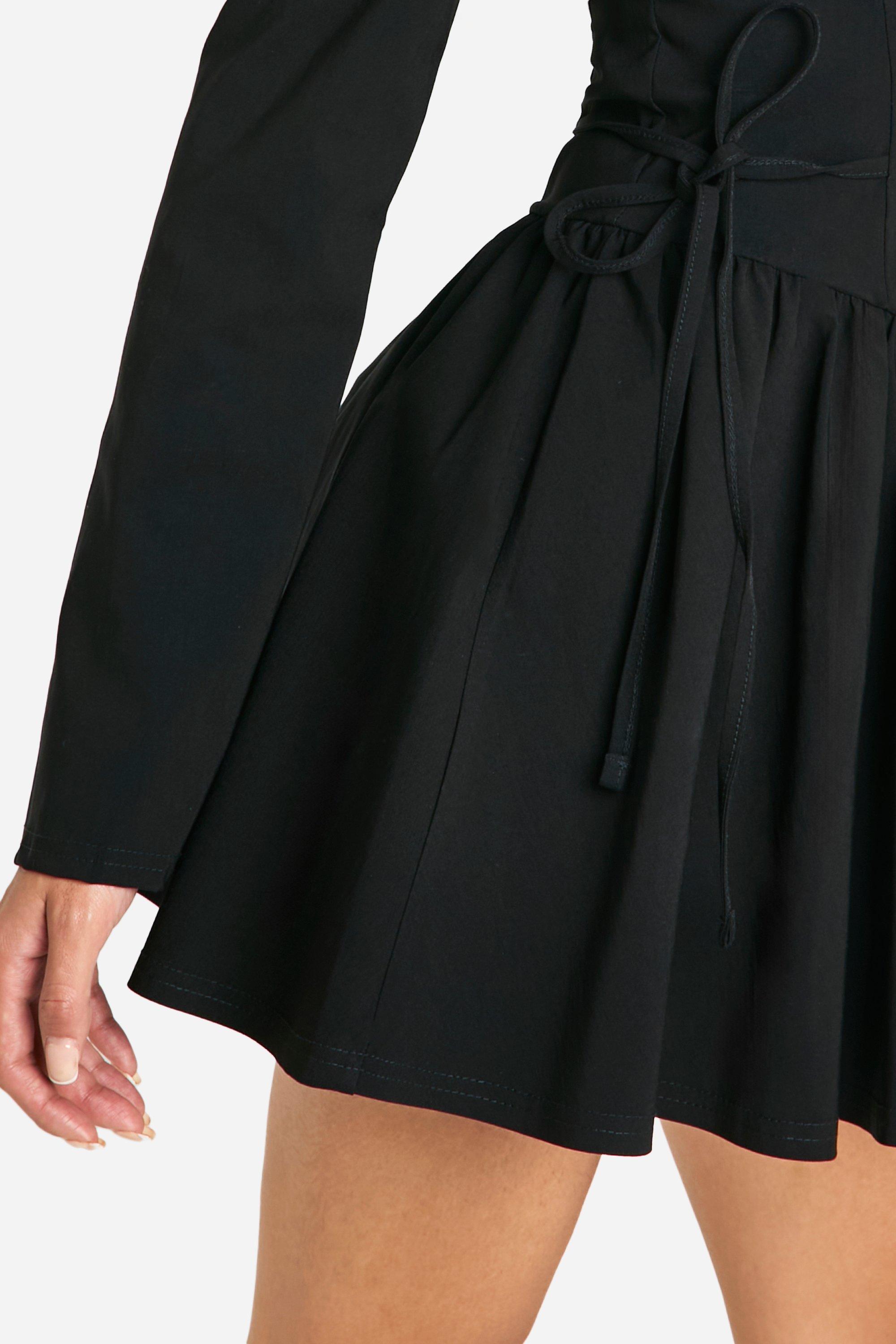 Long Sleeve Tie Waist Skater Mini Dress | boohoo Long Sleeve Tie Waist Skater Mini Dress | boohoo