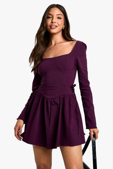 Plum Purple Long Sleeve Tie Waist Skater Mini Dress