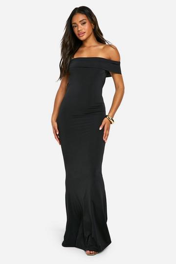 Off Shoulder Ruched Back Slinky Maxi Dress black