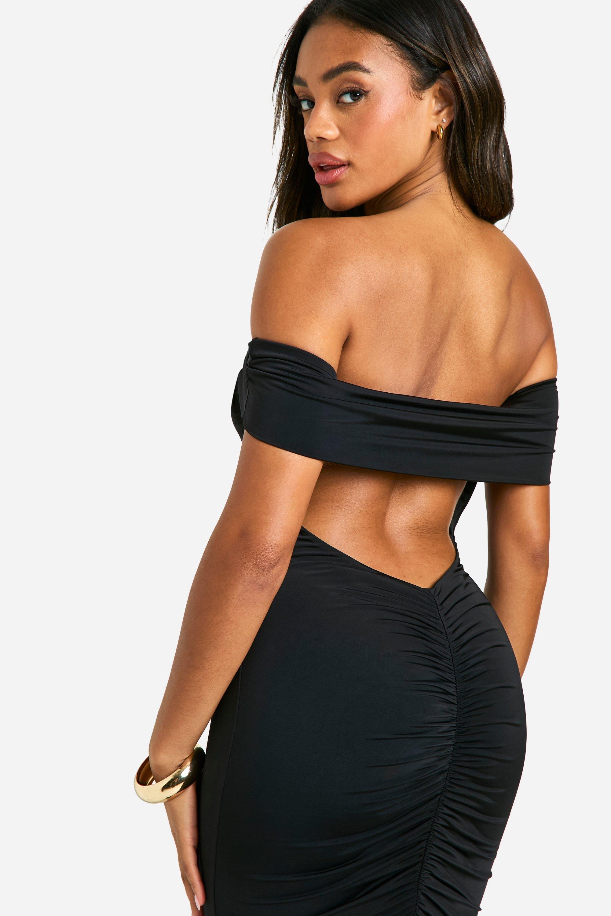 Off Shoulder Ruched Back Slinky Maxi Dress