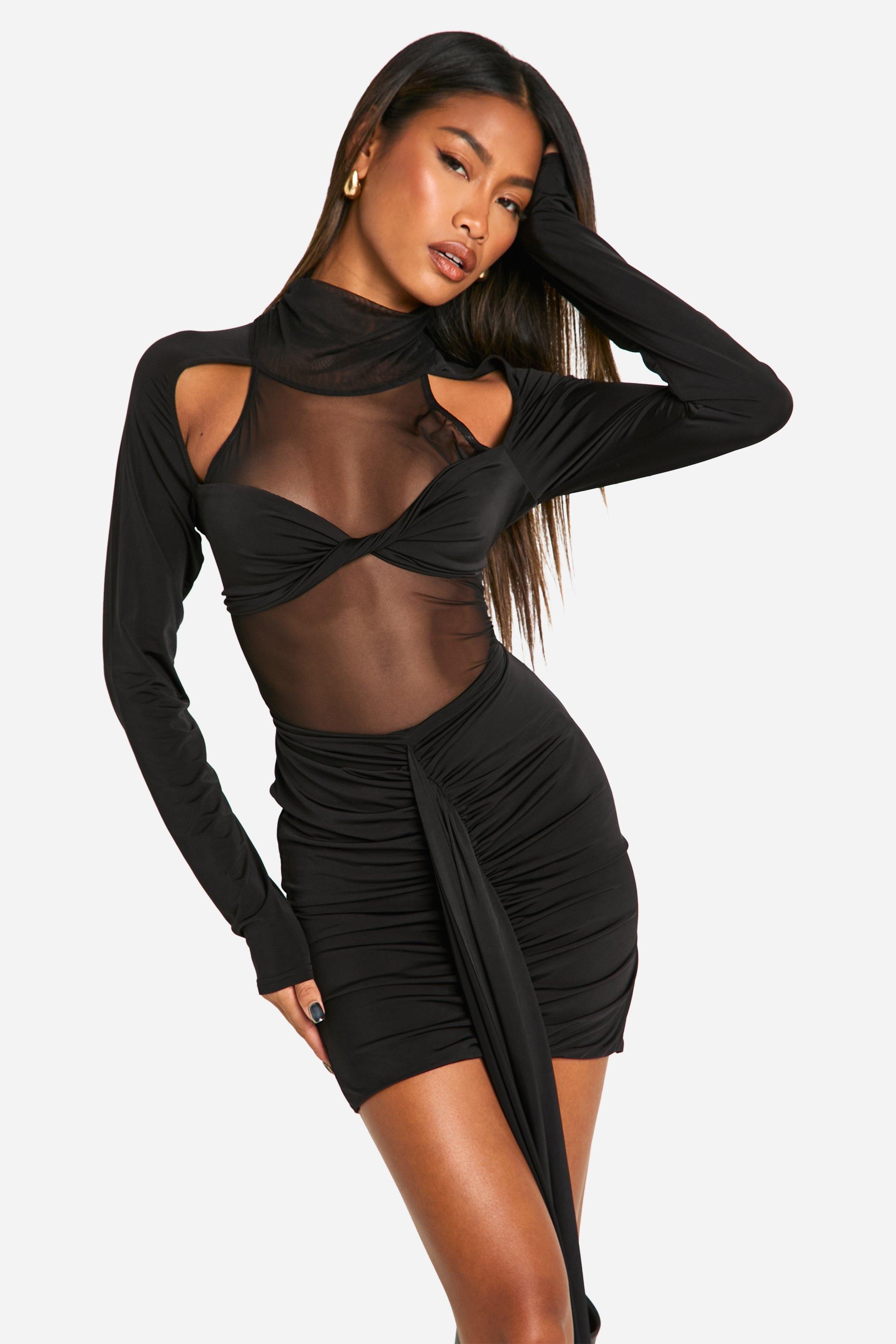 boohoo Slinky Mesh Wrap Detail Mini Dress Black Size 12