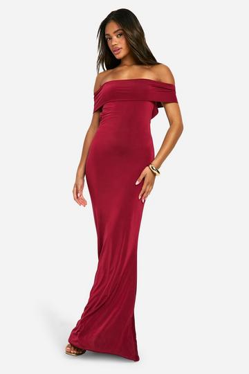 Off Shoulder Ruched Back Slinky Maxi Dress plum