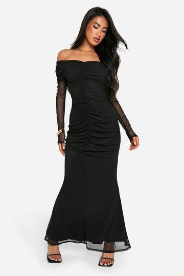 Black Slinky Mesh Detail Off Shoulder Maxi Dress