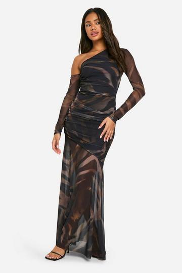 Brown Printed Mesh Asymmetric Long Sleeve Maxi Dress