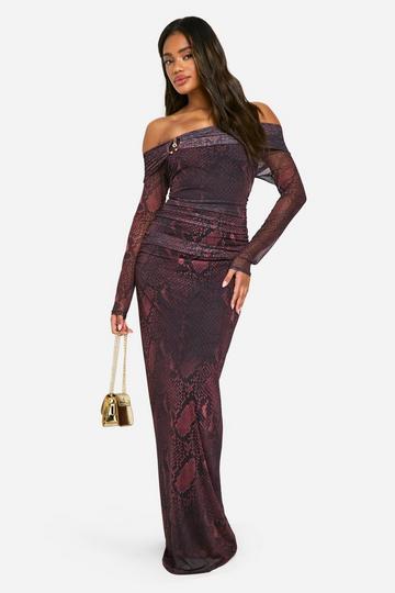 Mesh Snake Print Off Shoulder Maxi Dress snake