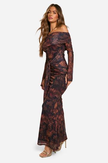 Multi Mesh Snake Print Twist Detail Maxi Dress