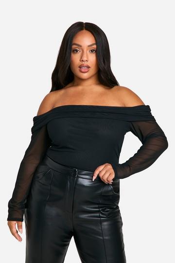 plus Slash Neck Mesh Long Sleeve Top black