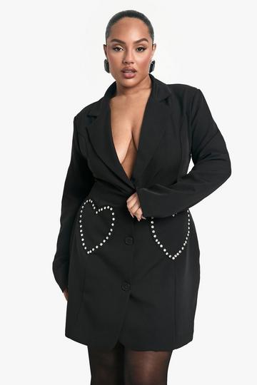 Plus Diamante Heart Pocket Blazer Dress black