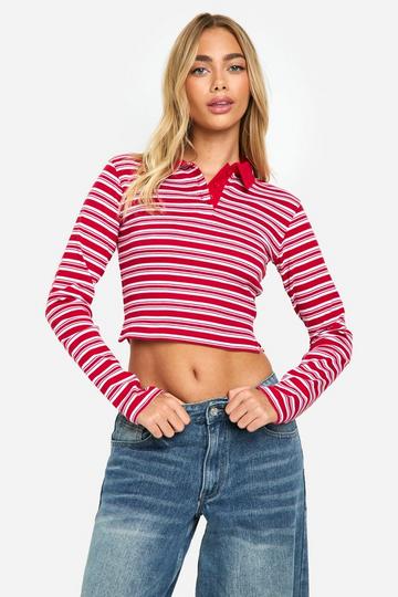 Striped Collared Long Sleeve Top red