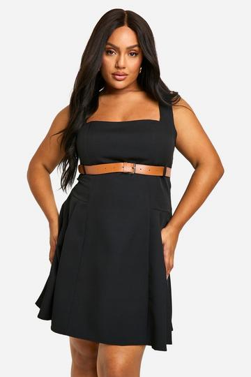 Plus Belted Square Neck Buckle Mini Dress black