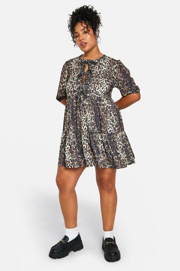 Multi Plus LEOPARD RIB TIE FRONT SMOCK DRESS