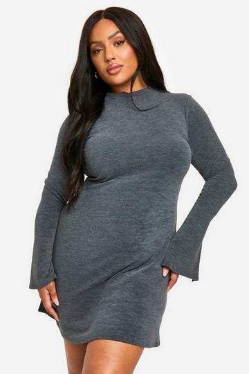 Plus Two Tone Rib Flared Sleeve Smock Dress grey