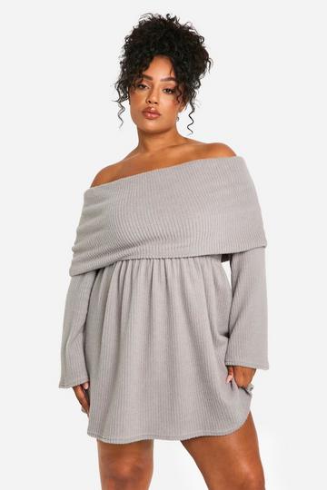 Plus Geborstelde Geribbelde Off Shoulder Skater Jurk grey