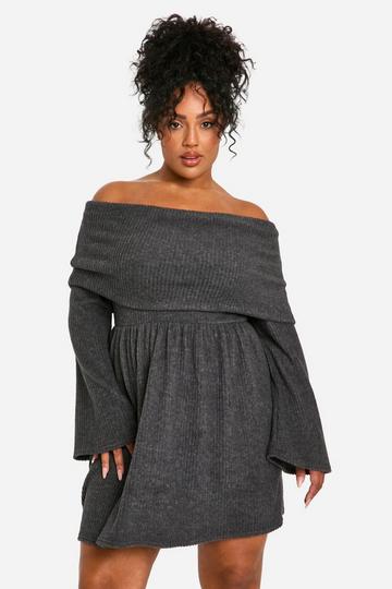 Plus Brushed Rib Off Shoulder Skater Dress charcoal