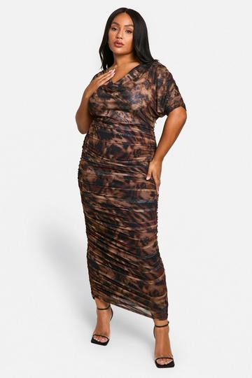 Plus Abstract Printed Cowl Neck Ruched Midaxi Dress brown