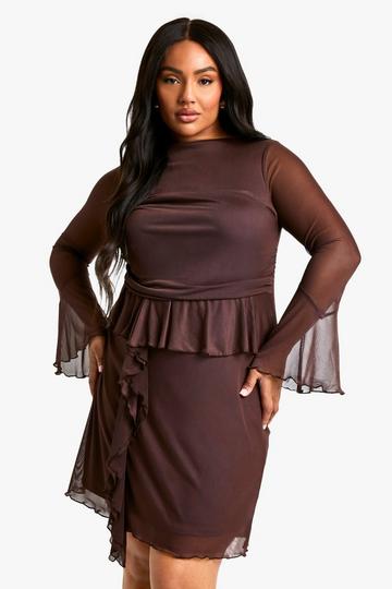 Plus Mesh Ruffle Flared Sleeve Smock Dress chocolate