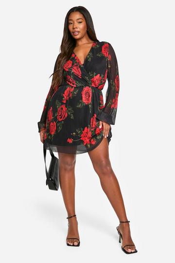 Plus Plisse Rozen Skater Jurk Met Print black