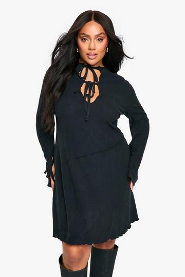 Plus Rib Keyhole Tie Detail Shift Dress black