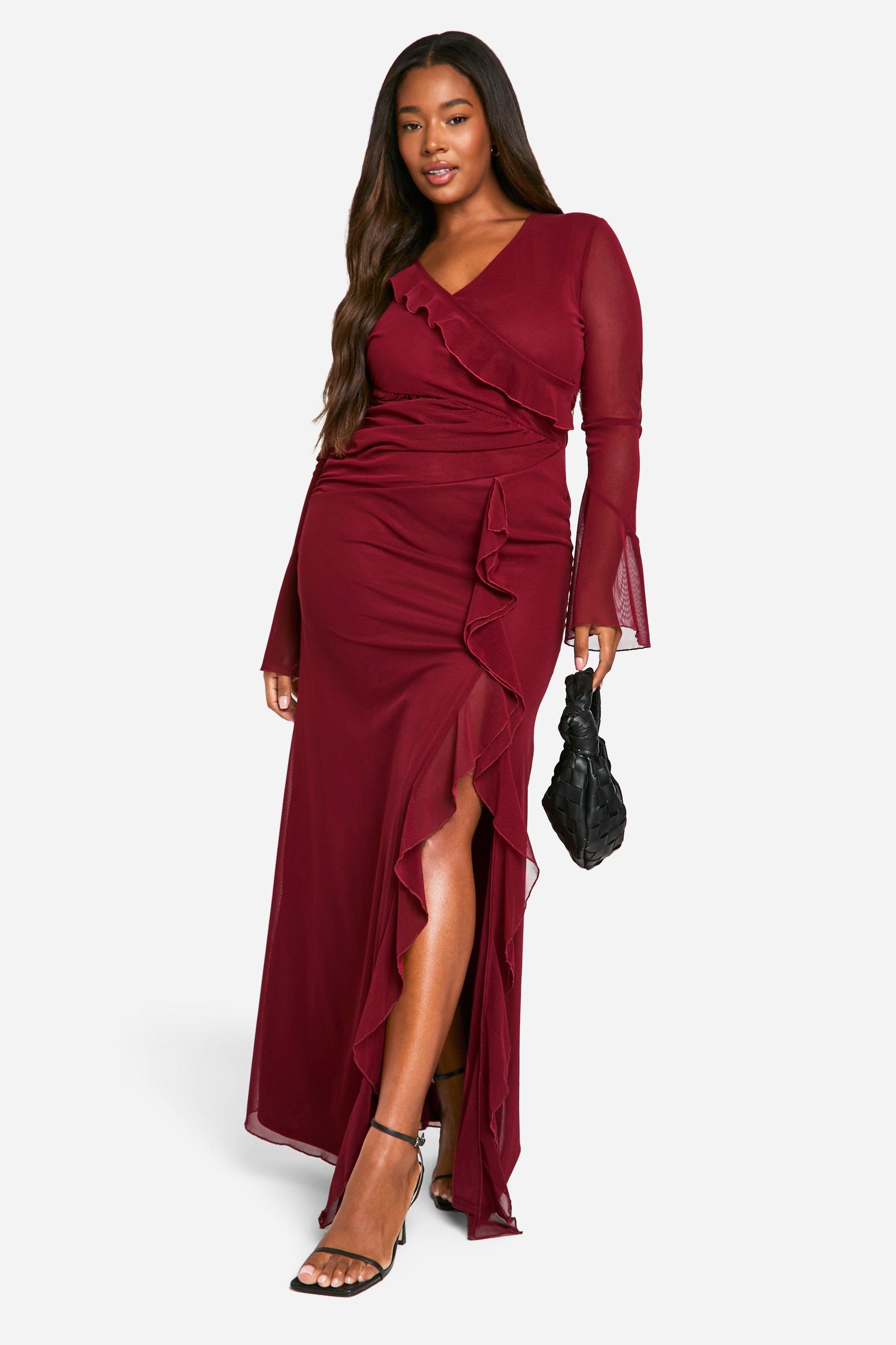 Tall Wrap Ruffle Ruched Angel Sleeve Dress boohoo IE