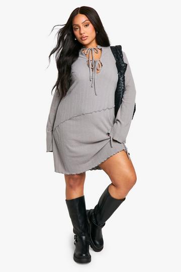 Plus Rib Keyhole Tie Detail Shift Dress grey