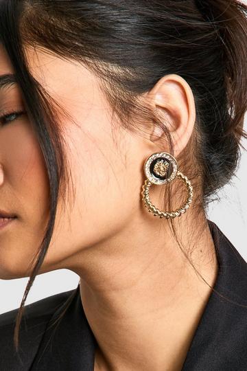 Black Detail Vintage Look Drop Hoop Earrings gold