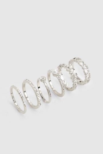 Heart and Diamante Ring 6 Pack silver