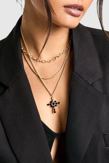 Black Diamante Cross Layered Necklace gold