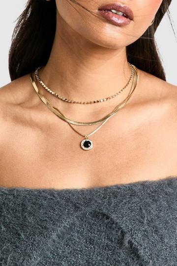 Black Diamante Pendant Layered Necklace gold