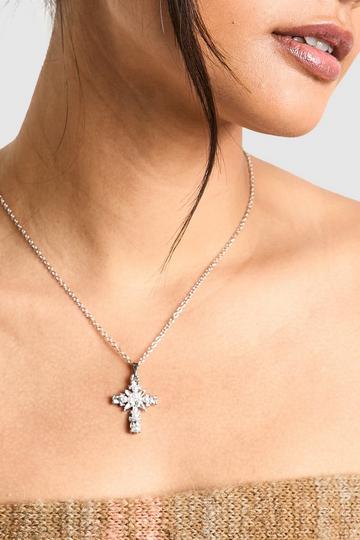 Silver Pearl Detail Cross Pendent Necklace silver