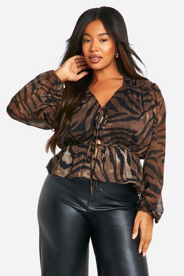 Plus Tie Front Chiffon Animal Blouse brown