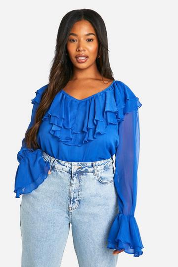 Blue Plus Extreme Ruffle Chiffon Blouse