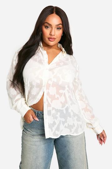 Plus Oversized Burnout Bloemen Blouse cream