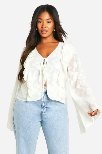 Cream White Plus Burnout Floral Tie Front Ruffle Blouse