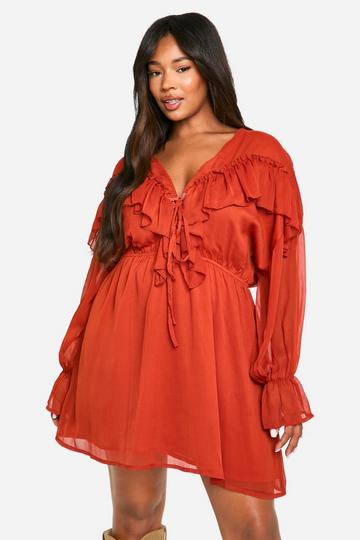 Rust Orange Plus Chiffon Ruffle Skater Dress