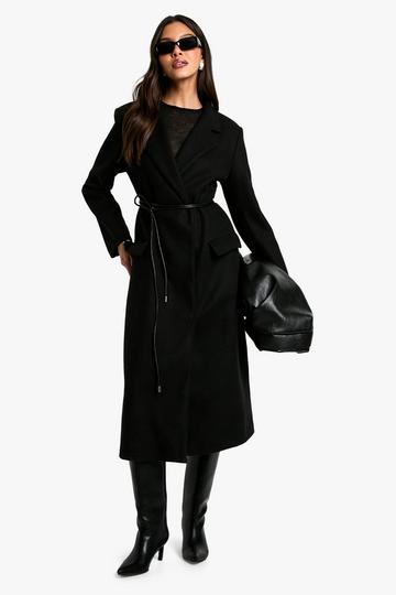 Black Synched Wool Look Maxi Coat