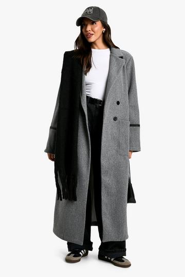 Oversized Faux Leather Trim Wool Look Coat grey marl