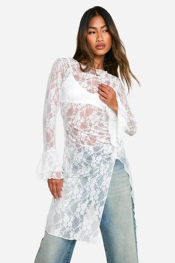 Sheer Lace Long Line Flared Long Sleeve Top white