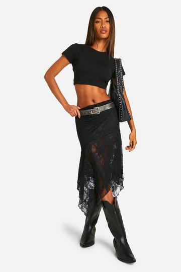 Lace Ruched Waistband Hanky Hem Midi Skirt black