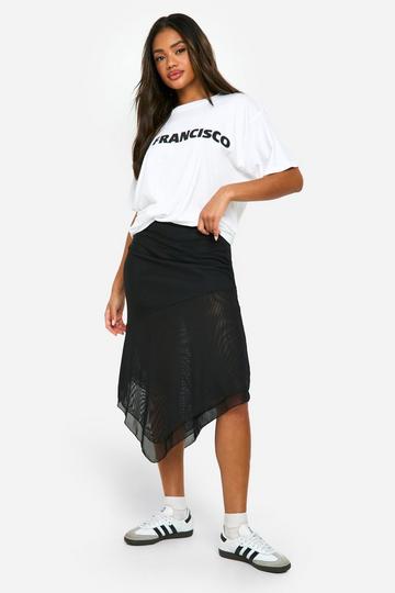 Black Mesh Ruched Waistband Hanky Hem Midi Skirt