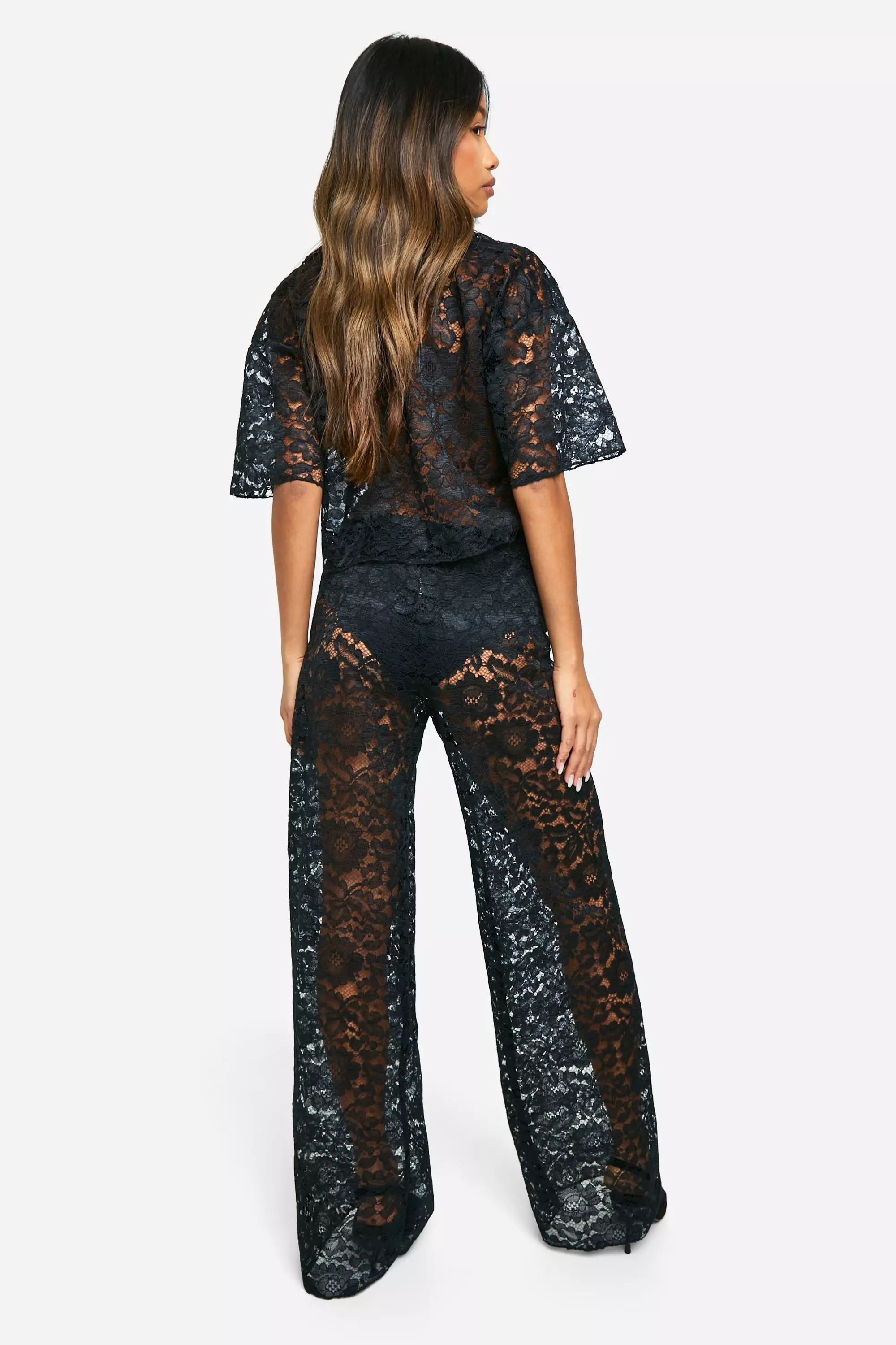 Black Lace Wide Leg Drawstring Trouser alternative image