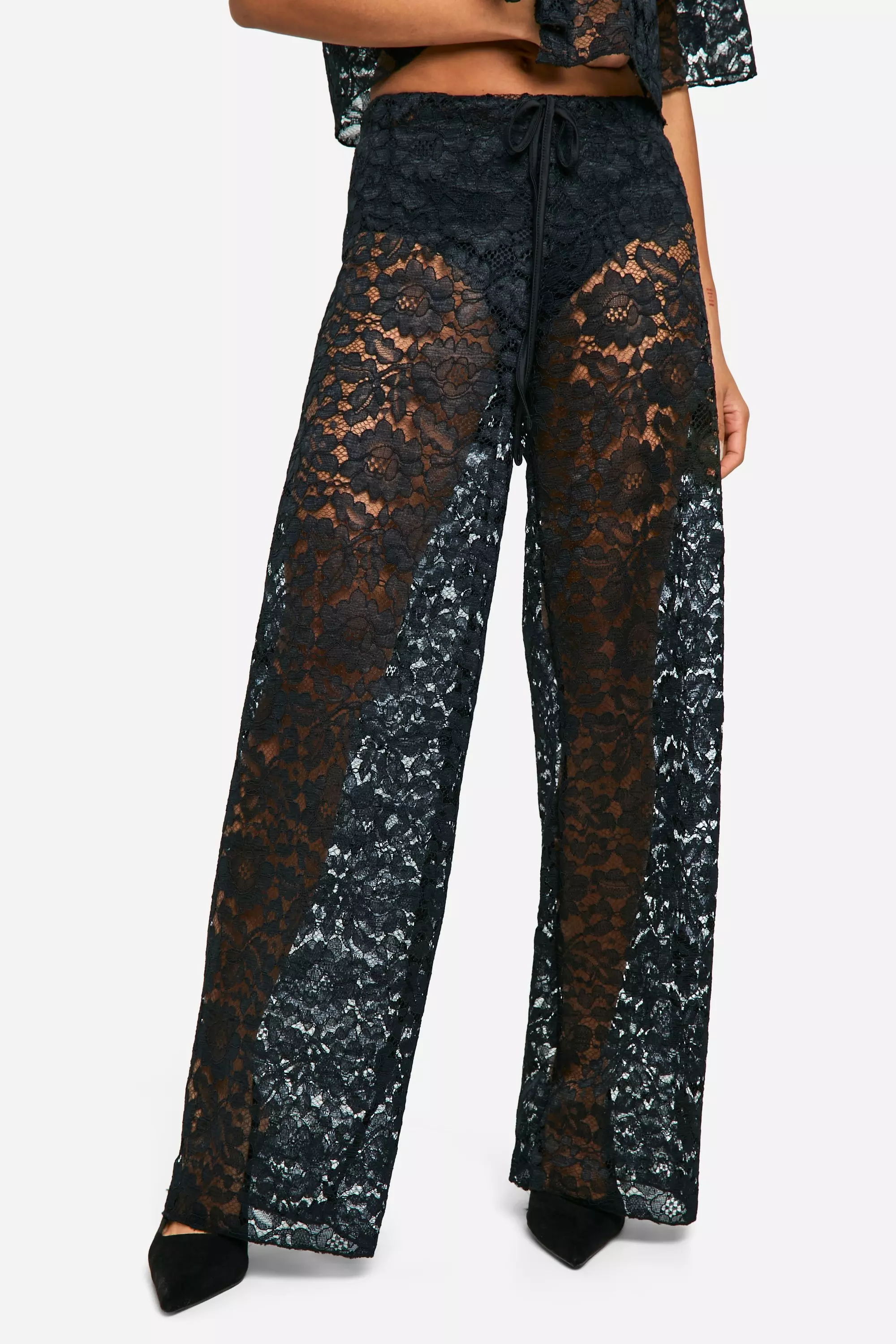 Black Lace Wide Leg Drawstring Trouser alternative image