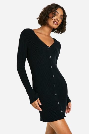 Black Tall Knitted Rib Button Through Mini Dress