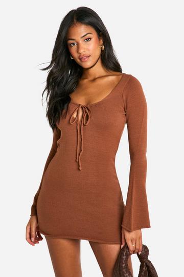 Camel Beige Tall Tie Front Flare Sleeve Mini Dress