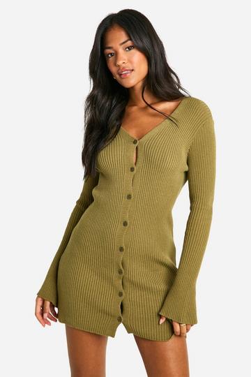 Tall Knitted Rib Button Through Mini Dress olive