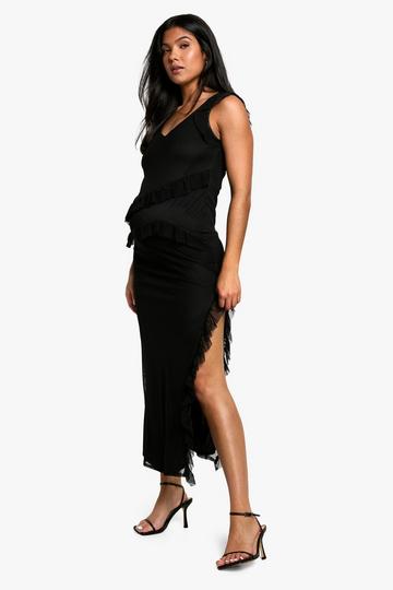 Black Maternity Mesh Ruffle Detail Side Split Midaxi Dress