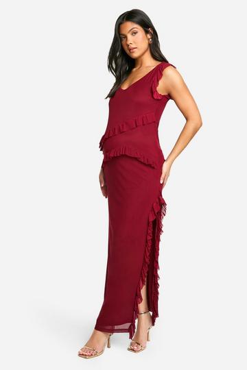 Maternity Mesh Ruffle Detail Side Split Midaxi Dress cherry